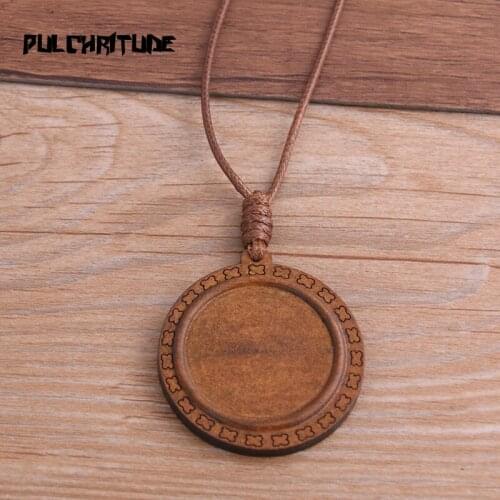2pcs 30mm Inner Size Fork Wood Cabochon Settings Blank Cameo Pendant Base Trays With Leather Cord For Jewelry Making