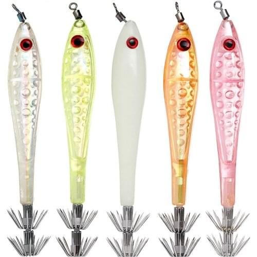 5pcs/lot Luminous Squid Artificial Hook Lures 5 Colors Hard Plastic Noctilucent Shrimp Baits