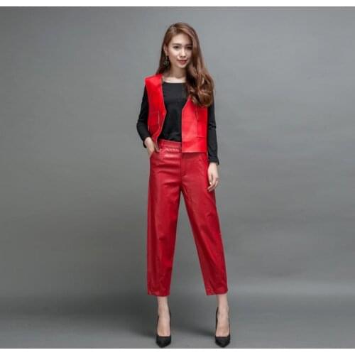 5XL plus Fashion Brand red color Pu leather pants winter autumn Spring Womens High Quality was thin pencil Pants wq780 dropship