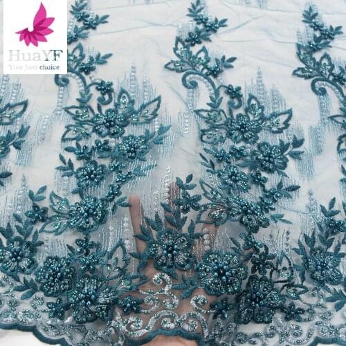 Aqua Blue African Handmade Beaded Lace with Pearls Beading Embroidery lace for Nigeria French Tulle HY1314-4