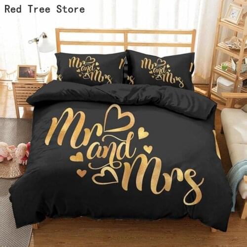 Design Lover Double Bed Cover Luxury Black Golden Bedding Set Mr. and Ms. Printed Bed Linen Duvet Queen King Size 220x240 Quilt