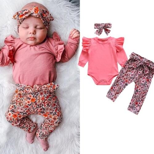 FOCUSNORM Newborn Baby Girls Clothes Sets 3pcs Flowers Print Ruffles Long Sleeve Romper Tops Pants Headband