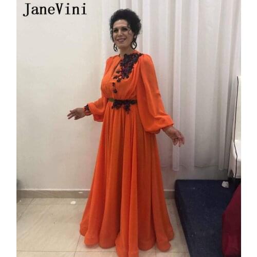 JaneVini Elegant Arabic Chiffon Mother Of The Bride Dresses 2019 Long Sleeves Appliques Zipper Back Orange Formal Dinner Dress
