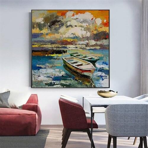 Boat On Seaside Oil Painting On Canvas Hand Painted Wall Art Picture For Living Room Home Decoration Paintings Handmade Unframed