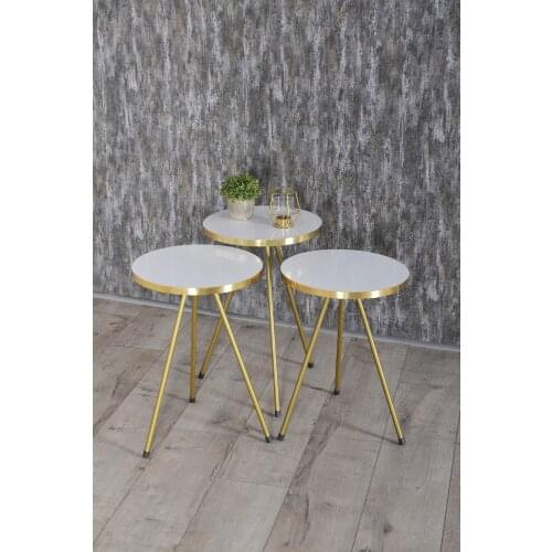 Zigon Coffee Table 3'lü Gold Metal Toe White Gold TÜRKİYEDE ÜRETİLMİŞTİR