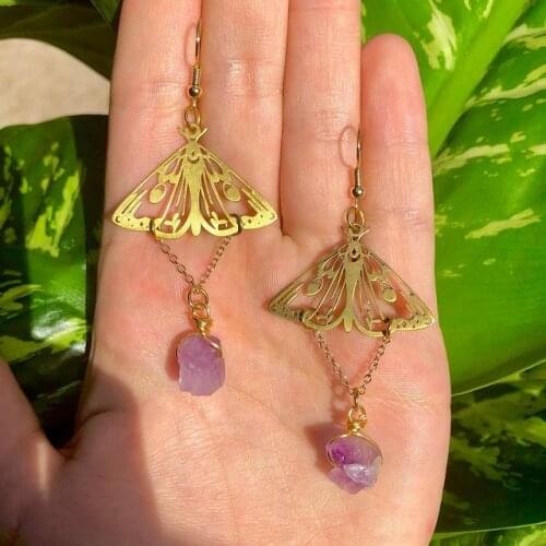 Moth Amethyst celestial moon earrings | Witchy crescent moon earrings | moon jewelry
