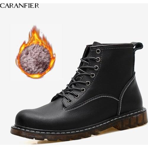 CARANFIER Mens Short Boots Cow Suede Leather Round Toe High Quality Winter Warm Plus Velvet Lace-Up Motorcycle Boots Ankle Shoes