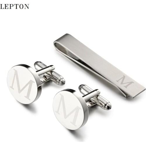 Hot Sale Round Letters M Cufflinks for Mens Silver Color Letters M of alphabet Cuff links & Tie Clip Set Men Shirt Cuffs Button