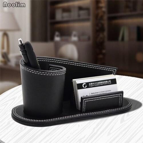 NOOLIM Creative PU Leather Pen Storage Box Multi-functional Pencil Organizer Pen Rack Card Holder Office Desktop Finishing Boxes