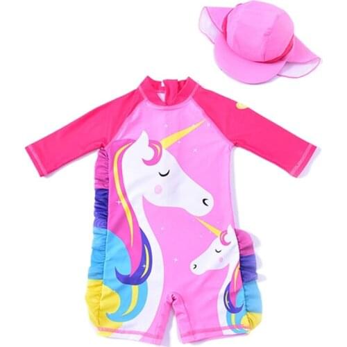 Kids Swimwear for Girls Unicorn Swimsuits 1-7Y Long Sleeve Rainbow Infant Swimwear Korean Fashion Girl One-Piece Swimming Outfit