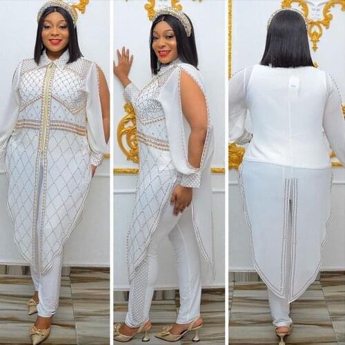 MD Irregular Maxi Dress Tops Pants Suit African Print Polk Dot Clothes For Women 2 Piece Sets Plus Size Dashiki Ankara Outfits