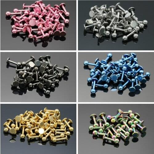 Whoesale 50pcs labret piercing lip bar ear studs plug stainless steel silver black gold rainbow blue pink body pircing jewelry