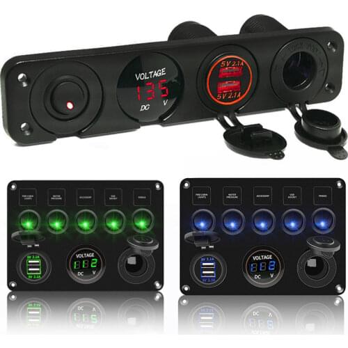 LED Rocker Switch Panel With Digital Voltmeter Dual USB Port 12V Outlet Combination Waterproof Switches For Car Marine Boat