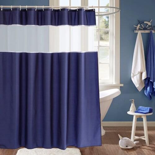 UFRIDAY Navy Blue Shower Curtain with Window Waterproof Bathroom Curtain with White Gauze Polyester Fabric Bath Curtain Hooks