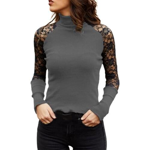 Ladies Blouse Sexy Turtleneck Lace Stitching Solid Color Pit Strip Shirt Woman Blouse And Clothing Top Womens Clothing