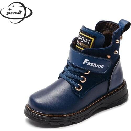 3-18Y Kids Boots Winter Ankle Boys Genuine Leather Flat Waterproof Hook & Loop Plush Anti-Slippery Childrens Shoes H65