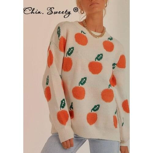 Knitted Print Long Sleeve Pullovers For Women 2021 Autumn New O-neck Dropped Shoulder Sweaters Ladies Sweet Cute Fashion Sweater