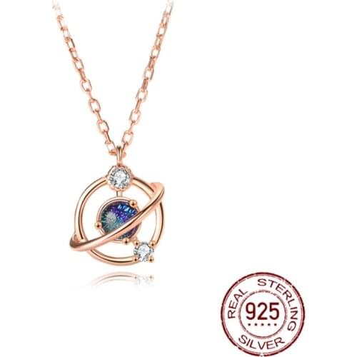 S925 sterling silver necklace female blue glaze diamond dream planet rose gold pendant clavicle chain jewelry