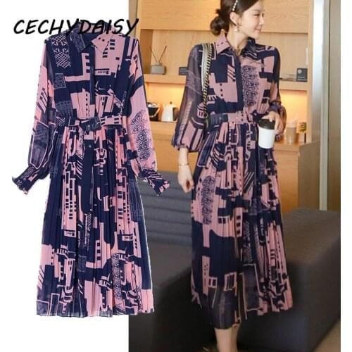 Korean Style Fashion Dress Women High Waist Pleated Vintage Floral Printed Long Sleeve Casual Office Lady Midi Dresses Summer Za