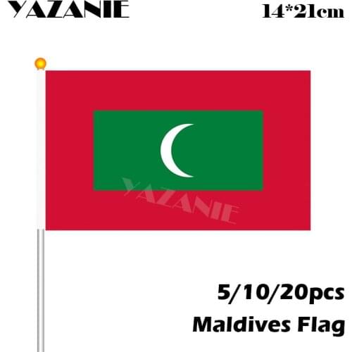 YAZANIE 14*21cm 5/10/20pcs Small Maldives Hand Waving Flag Sway Banner With Flagpole Custom National Flag #8 Polyester Wholesale