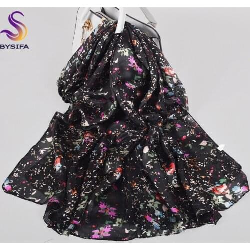 BYSIFA|Black Color Ladies Scarves 2020 New Fashion 100% Silk Long Scarf Shawl Top Grade Women Winter Brand Scarves Wraps Printed