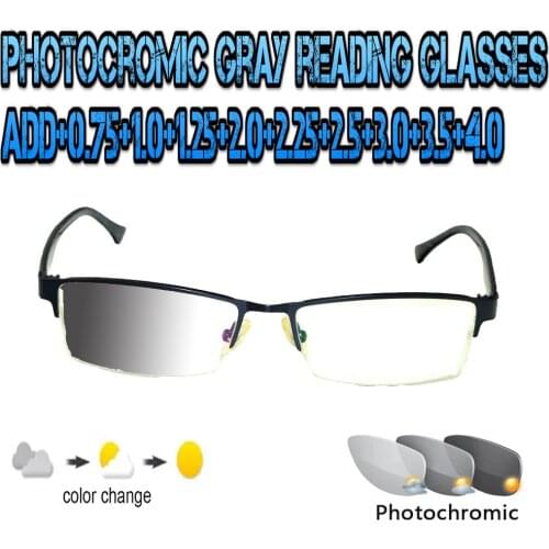 Photochromic Gray Reading Glasses Ultralight Trend High Quality Fashion Men Women Black Metal Frame +0.75 To +4.0
