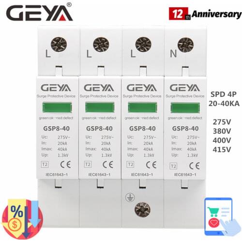 GEYA 3P+N AC SPD Din Rail 4 Pole AC275V 400V 440V 20KA-40KA AC Surge Protector