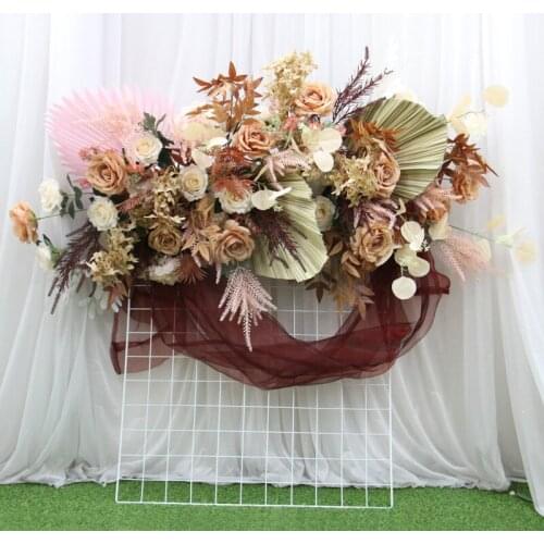 Brown Golden Pu Fan Leaves Rose Flower Arrangement Wedding Arch Decoration Flower Row Party Backdrop Flower Wall Photo Props