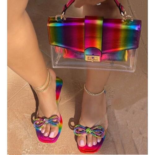 Fashion sexy Roman colored diamond bow decoration 2021 summer new style square toe open-toed outdoor female slippers