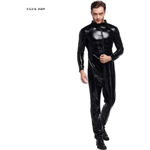 S-XXXL Black Faux Leather Men Motorcycle Jumpsuits Adult Racing suit Cosplay Nightclub Bar costumes Purim Carnival Party dress