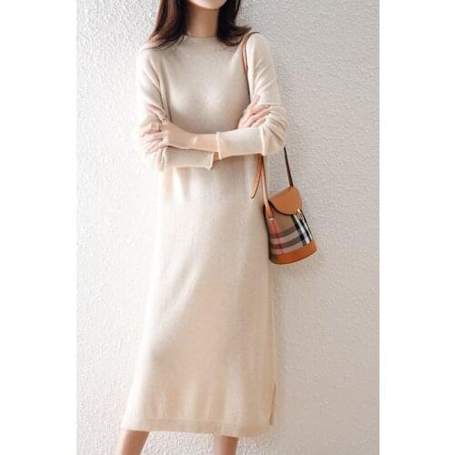Autumn Winter Womens Sweaters Long Dress Round Collar Long Sleeve 100% Wool Knitted Jumper Long Skirt Tops Clothing Fit Blouse