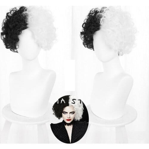 Cruella De Vil Kuila Half Black Half A Hundred Small Short Curly Cos Wig for Making Wigs