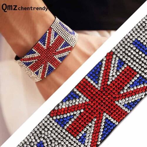 Popular Jewelry Nightclub Singer UK Flag Hot Fix Shiny Crystal Rhinestone Men Bracelets Hip Hop Bangle Women Cuff Wristband