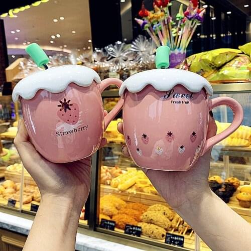 Lovely Strawberry Ceramic Mug With Lid Spoon Cartoon Creative Strawberry Shape Water Cup Home Milk Breakfast Office Coffee Cups