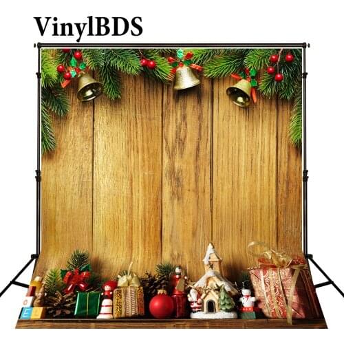VinylBDS Christmas Photography Backdrops Gold Bell Toy Fondo Fotografico De Estudio Yellow Wood Floor Fundo Fotografico Natal
