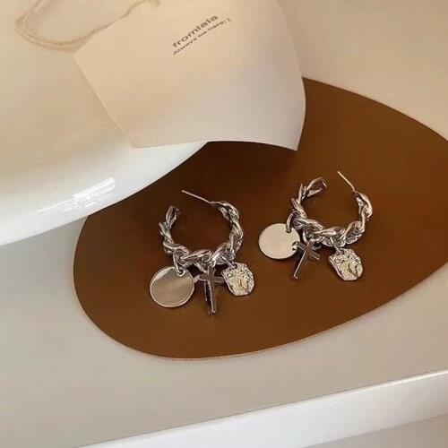 Hoop Earrings for Women Girls Korean Simple Metal Round Plate Cross Chain Earrings Statement Wedding Party Fashion Jewelry Gifts