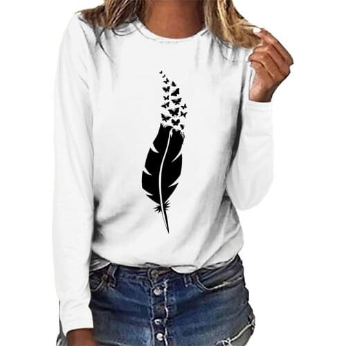 Harajuku Summer Autumn Sweatshirt Womens Feather Print O Neck Shirt Long Sleeve Casual Blouse Top Streetwear Polerones Mujer
