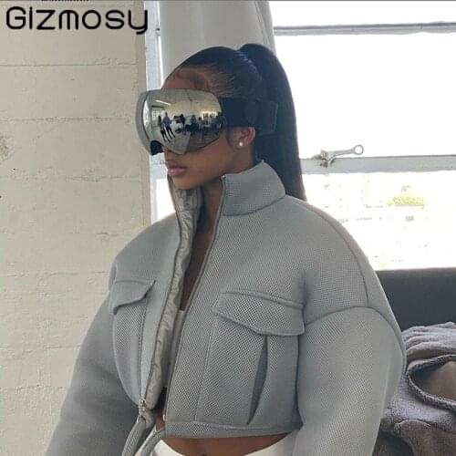 Gizmosy Mesh Plaid Autumn Spring Short Coat Women Trend Turtleneck Zipper Pocket Crop Jacket Solid Drawstring Female Outerwear