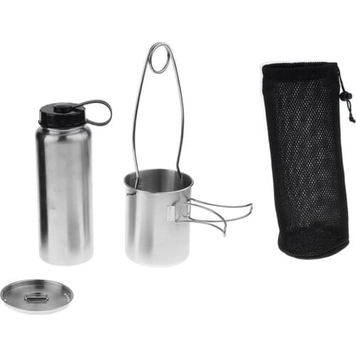 Outdoor Cup Pot Stainless Steel Bottle Picnic Mug Cooking Bowl Folding Handle