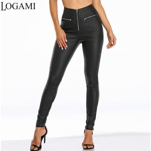 LOGAMI Black PU Zipper Leather Pants High Waist Stretch Faux Leather Women Pencil Trousers 2XL 3XL Plus Size