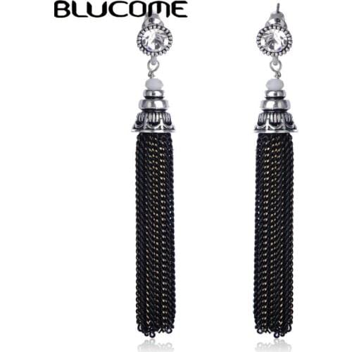 Blucome Fashion Long Tassel Pendant Earrings Alloy Women Banquet Wedding Party Jewelry Daily Suit Black Dress Ear Accessories