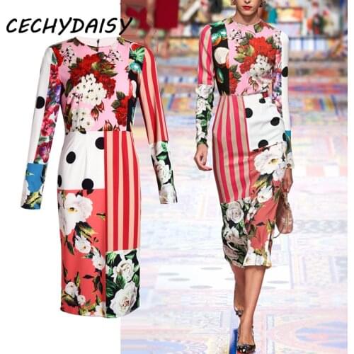Runway Dress Designer Fashion Spring Summer Bodycon Dress Womens Flower Pink Dot Striped Print Elegant Office Lady Midi Dresses