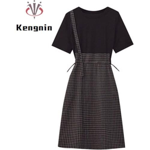 Fake Two Piece Womens Dress 2021 Summer Large Size Black Dress Loose Ladies Vestidos Patchwork Plaid Female Robe Dress KE1647