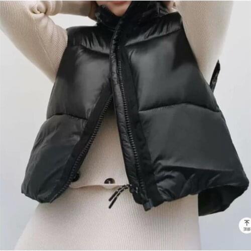 ZXQJ Women 2021 Fashion Hooded Cropped Padded Cotton Waistcoat Vintage Sleeveless Zip-up Female Outerwear Chic Tops