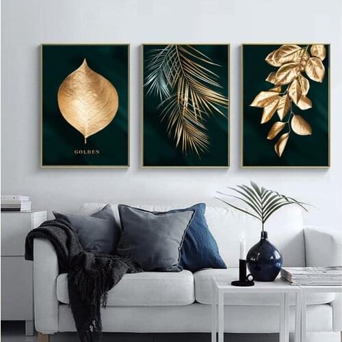 3pcs Nordic Gold and Green Leaves Wall Art Dropshipping Canvas Posters Prints no Frame Cuadros Living Room Decoration Pictures