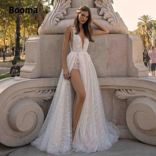 Booma Sparkling Lace Wedding Dresses A line 2019 Spaghetti Straps Split Beach Bride Dresses Sexy V-neck vestido de noiva