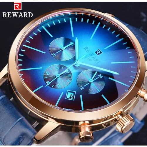 REWARD Rose Golden Case 3 Fashion Dial Blue Genuine Leather Quartz Men Military Sport Wrist Watches Top Brand Luxury Male Clock