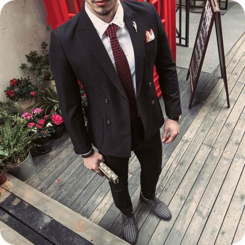 Black Men Suits for Business Peaked Lapel Double Breasted Slim Fit Terno Masculino Male Blazer Jacket Pants 2Piece Costume Homme
