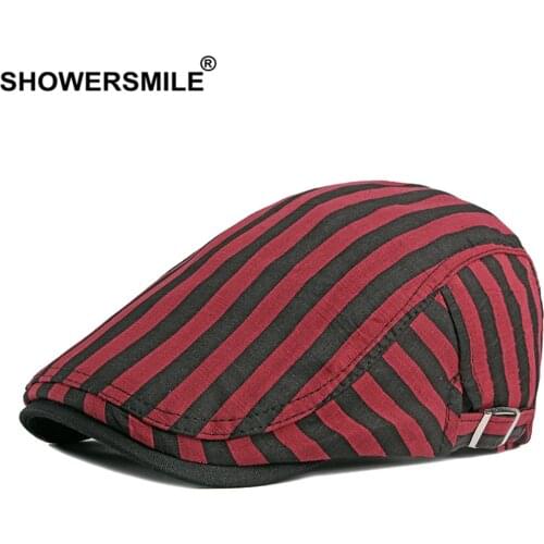 SHOWERSMILE Red Black Striped Mens Berets 100% Cotton British Style Vintage Flat Caps for Men Spring Summer Artist Hat Chapeau