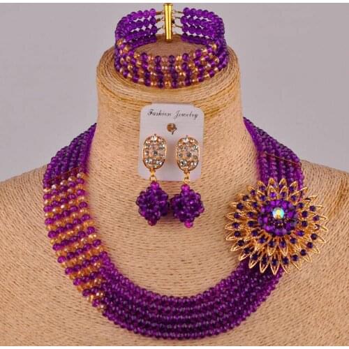 Crystal Purple gold Ab Beaded Necklace Jewelry Set ladies Wedding African Beads Nigerian Jewelry Wedding Accessories FF-14